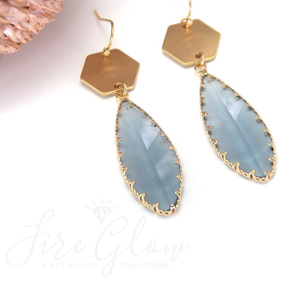 Gray Teardrop Gem Brushed Gold Tone Hex Earrings - Picture 3 of 11
